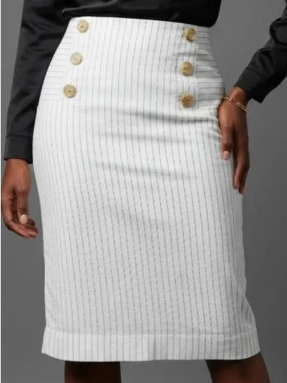 Ann Taylor Pinstripe Sailor Button Pencil Skirt White Blue Cotton Blend